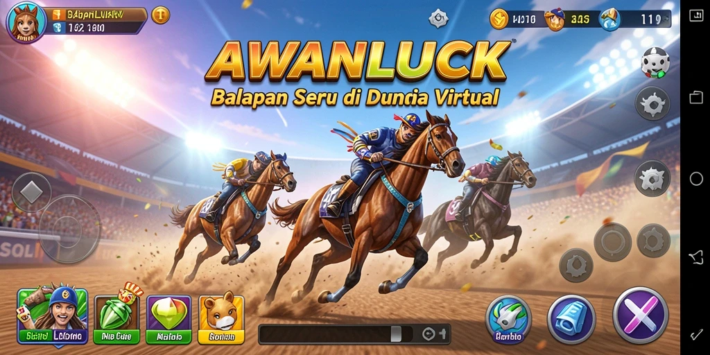 Tangkapan layar gameplay AWANLUCK menampilkan aksi balapan seru di treknya.