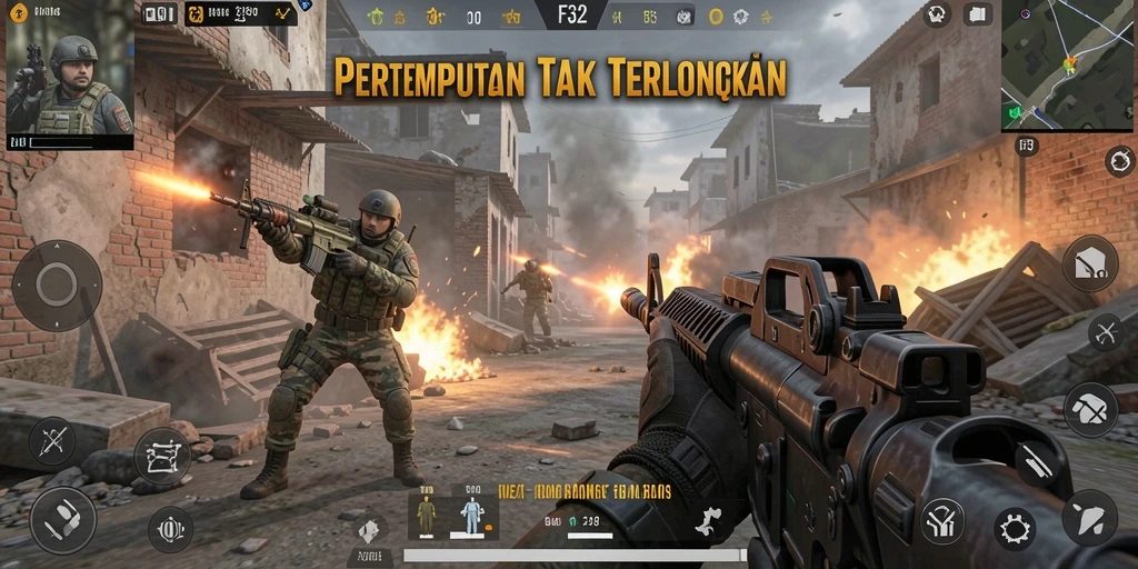 Tampilan seru gameplay F32 dengan aksi tembak menembak mendebarkan.